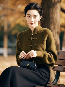 Elegant Army Green Cashmere Sweater with Button Design Beautiful National Style Versatile High End Feeling Womens Fashion