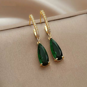 Huitan Pear Green CZ Drop Earrings for Women Temperament Gold Color Ear Hanging Earrings Office Ladys Luxury Trendy Jewelry