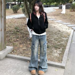 Quần Jeans Công Sở Ống Rộng Cạp Cao Quần Ống Thẳng Cho Nữ Nhiều Túi Quần Jeans Denim Retro Cao Cấp Thời Trang Mùa Xuân