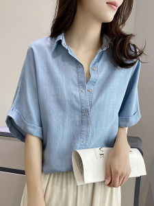 Linen Denim Cotton Shirt Women Summer New Short Sleeve Thin Outerwear Artistic Design Loose Blouse Blue Casual round Neck