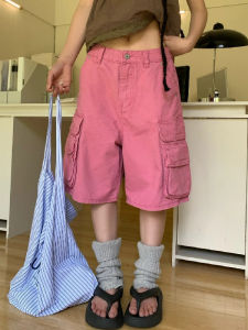 XIBAIYI | Overweight Friendly Water Washed Pink Utility Style Denim Shorts