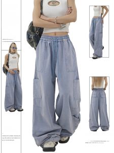 Light Blue Washed Distressed Casual Wide Leg Jeans Spring Summer New Style Straight Cut Workwear Trousers for Young Women