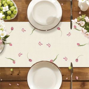 1-Piece Tulip Print Linen Table Runner Washable & Reusable Versatile Coffee & Dining Table Runner