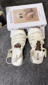 Sandal Slip On Wanita Karet Ivee Motif Tali Jaring Pernik Lucu Hak Rendah 1088-Ivee