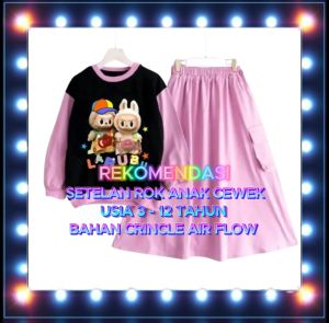 ONE SET ROK ANAK CEWEK LABUBU TOPI USIA 3 - 12 TAHUN BAHAN CRINCLE AIR FLOW FASHION TERBARU / VIRAL