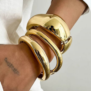 Ingemark 3 Styles Punk Metal Spring Wide Bangles Women Hip Hop Gold Color Geometric Arm Bracelets Grunge Jewelry Steampunk Men