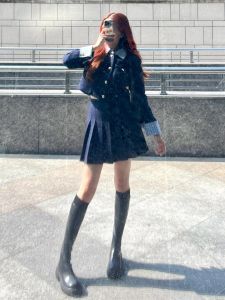 Mùa Thu Mới Nữ Bộ Thời Trang Phong Cách Đại Học Áo Khoác Ngắn Đầm Bộ Hai Mảnh Mùa Thu Bộ Hoàn Chỉnh Tủ Quần Áo Polyester Chất Liệu