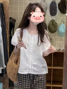 BINKAFENNY | French Lace Trim Short Sleeve Loose Womens Shirt Summer 2025 New Style Sweet Anti-Aging Design Sense Top Korean Style Straight Cut