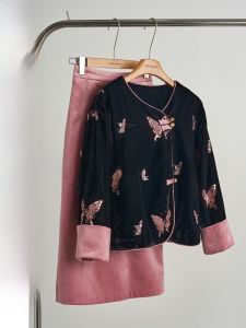 New Chinese Style Velvet Sequin Jacket Skirt Set Womens Fashion Autumn Winter Polyester Fiber Hanfu Ensemble YANG MO MO