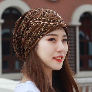 Womens Spring Autumn Diamond Embellished Mesh Headscarf Hat Shopping Street Decoration Chemotherapy Cap round Top No Brim Hat