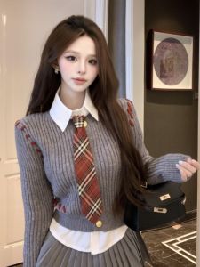 GUZILIAN | Korean Style College Fashion Set Womens Autumn New Knitted Sweater Plaid Shirt Slimming Skirt Long Sleeve Commute Outfit