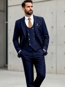 Mens 3 Piece Peak Lapel Suit Set Double Breasted Vest Metal Buttons Slim Fit Formal Wedding Groom Size XS-3XL