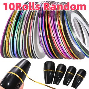 10Rolls 1/2/3mm Random Nail Striping Tape Gold/Silver Metallic Yarn Line Nail Sticker Self-Adhesive Line Decals DIY French Nails