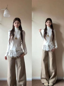 Retro American White Lace Trim Long Sleeve Womens T-shirt Spring Autumn Slimming Base Layer Casual Top Soft Knitted Sweater