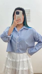 4920 Marsha Long Sleeves Stripes Crop Shirt Kemeja Wanita Garis