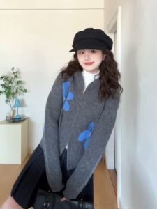 Korean Style Lazy Print Hat Knitted Sweater Medium Softness Long Sleeve Plant Floral Patterned Womens Fashion Winter Top