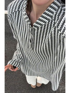 เสื้อยืดคอกลมแขนยาวผู้ชายสไตล์ย้อนยุคสไตล์อเมริกัน ลายกระดูกปลา ทรงหลวม คอฮันซ์ ผ้าฝ้ายผสมโพลีเอสเตอร์