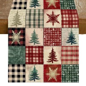 VIKAMA Christmas Table Runner Plaid Patchwork Xmas Tree Snowflake Dining Table Home Winter Holiday Party Decor
