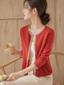 เสื้อคาร์ดิแกนถักสีแดงหรูหราสำหรับผู้หญิง ทรงหลวม แขนยาว ปกกลม เส้นใยโพลีเอสเตอร์ แฟชั่นฤดูใบไม้ร่วง 2024