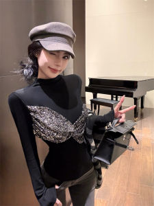 GUZILIAN | French Style Shiny Sequin Splice Long Sleeve Slim Fit T-Shirt Womens Heavy Work Autumn Winter Fashion Top Trendy Commute Style