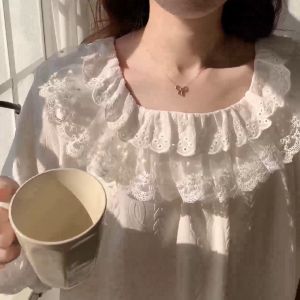 Lace Princess-style Nightdress with Built-in Bra Pads Cloud Embossed Nightdress for Home or Outings Long Dress