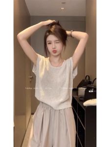 เสื้อยืดคอกลมแขนสั้นผ้าถักทรงหลวมสำหรับผู้หญิงในฤดูร้อน เสื้อตัวบนทรงหลวม ทรงเข้ารูป แขนยาว คอวี ทรงเข้ารูป ทรงเข้ารูป