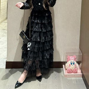 High Waist Layered Cake Style Spliced Net Skirt Womens Mid-Length A-Line Skirt Black Spring Autumn New Arrival