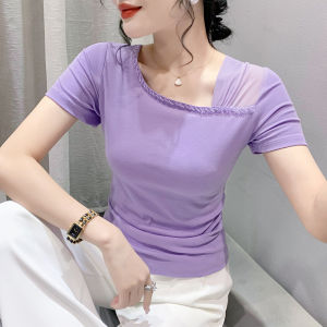 YIMEI เสื้อคอวีส ผู้หญิง เสื้อคอวีเซ็กซี่ แขนสั้น ยืด ใหม่ ปัดอุตสาหกรรมหนัก