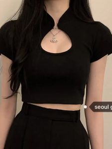Knitwear Cheongsam Short Sleeve T-Shirt Womens Clothing Summer 2024 New Arrival Small Silm High Waist Crop Top Ins Fashion