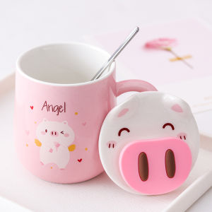 Ceramic Cup Phone Stand Cute Pink Creative Personalized Trendy Coffee Cup with Lid Spoon Animal Pattern Adult Drinking Mug