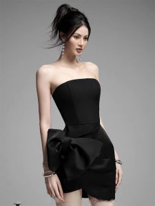 Elegant Black Strapless Slimming Dress Womens Fashion 2024 New High-End Simple Butterfly Knot Ceremony Dress
