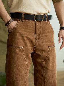 Mens Caramel Workwear Denim Jeans American Retro Logging Pants Wear Resistant Casual Straight Leg Trousers Youth Fashion