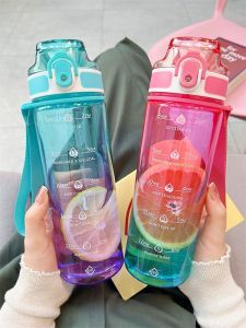 1L Gradient Travel Outdoor Drinking Bottle Plastic Water Bottle Cup with Time Mark Scale Sport Water Bottle for Girl Boy School