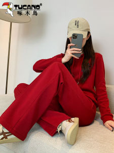 Red Sweatshirt Set Womens Spring Autumn 2025 New Fashion Year of the Bird Wide Leg Pants Sports Wear Two Piece Set TUCANO
