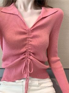 Slim Fit Long Sleeve V-Neck Knitted Base Shirt Womens Spring Autumn Design Sense Drawstring Pleated Fashionable Inner Wear Top