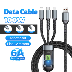 3 in 1 100W 6A Super Fast Charging Usb Cable Android iph type c 3 in1 Charging Cable Anti-breakage Braided Cable Transparent Light Digital Display Luminous Data Cable 1.2m