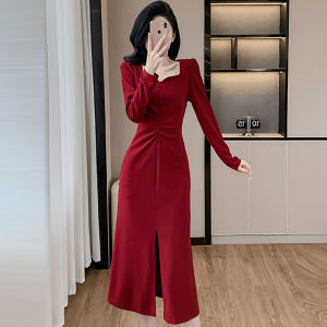 Red Dress Womens Slim Fit Elastic French Collar Dress Autumn 2025 New Style Long Sleeve A-Line Skirt Casual Daily Wear
