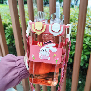 Childrens Water Bottle Portable Straw Backpack Punk Cup School Specialty Square Jug Crossbody Drinkable Cute Cartoon Style