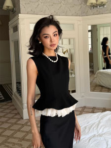 Vintage French Style High End Black Round Neck Ruffled Sleeveless Vest and Skirt Two Piece Set