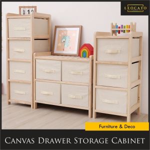 Multi-Layer Solid Wood Storage Cabinet With Canvas Drawer Wooden Frame Fabric Storage Rack