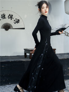 Elegant Black Chinese Style Dress Unique New Middle Kingdom Fashion Autumn Winter A-Line Skirt Long Sleeve Stand Collar Gown