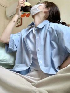 เสื้อเชิ้ตแขนสั้นผ้าฝ้ายแท้สำหรับผู้หญิง ฤดูร้อนปี 2025 เสื้อเชิ้ตกันแดดแบบสวมใส่สบายสไตล์เกาหลี แขนยาวเปิดเป็นเสื้อคาร์ดิแกน