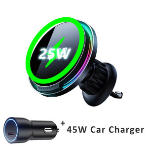 Cooling 25W Magnetic Car Wireless Charger Holder RGB Light 360° Rotate Stand For Magsafe iPhone 17 16 Pro Max Samsung S26 Ultra