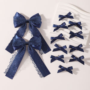 12Pcs/set Sweet Navy Lace Bow Hair Barrettes Set Large Long Ribbon Bow Small Mini Bows for Girls Daily Party Cosplay Headdress