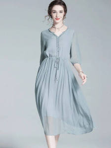 Silk Dress Young Elegant Lady Brand Name 2025 New Summer High-end Silk Long V-neck Short Sleeve A-line Gown