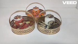 Traditional Pichwai Metal Tray with Jar Set of 2 | 8 Inch Round Decorative Thali for Diwali Wedding & Home Pooja Décor