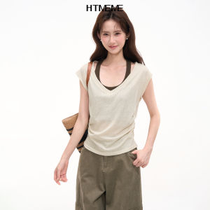 HTMEME | Color Block Faux Two-piece V-neck Linen Short Sleeve T-shirt