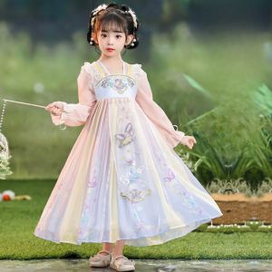 New 2025 Hanfu Spring Autumn Style Childrens Costume Set Super Fairy Dress Pink Girls Traditional Chinese Clothing Set