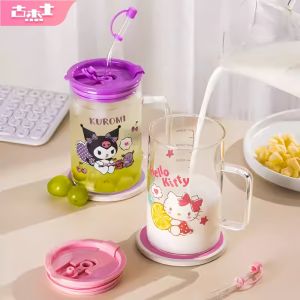 For Sanrio 600ML Straw Glass Cups Cartoon Hello Kitty Water Cup with Scale&Handle Kuromi Transparent Coffee Mug Home Drinkware