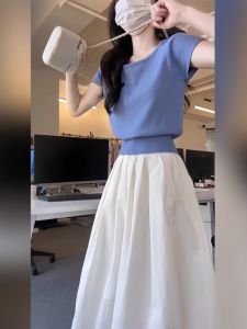 เสื้อยืดแขนสั้นผ้าไหมน้ำแข็งสีน้ำเงินสำหรับผู้หญิง ทรงเข้ารูป สไตล์เกาหลี แขนสั้น คอกลม แฟชั่นฤดูร้อน เสื้อผ้าทำงาน